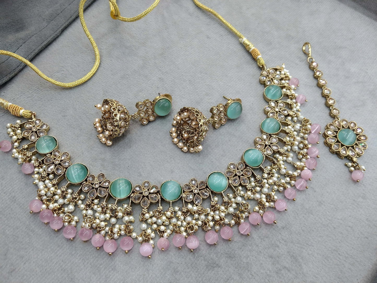 Antique Gold Necklace Set/ Antique gold sea green pink Indian Bridal wind Jewellery