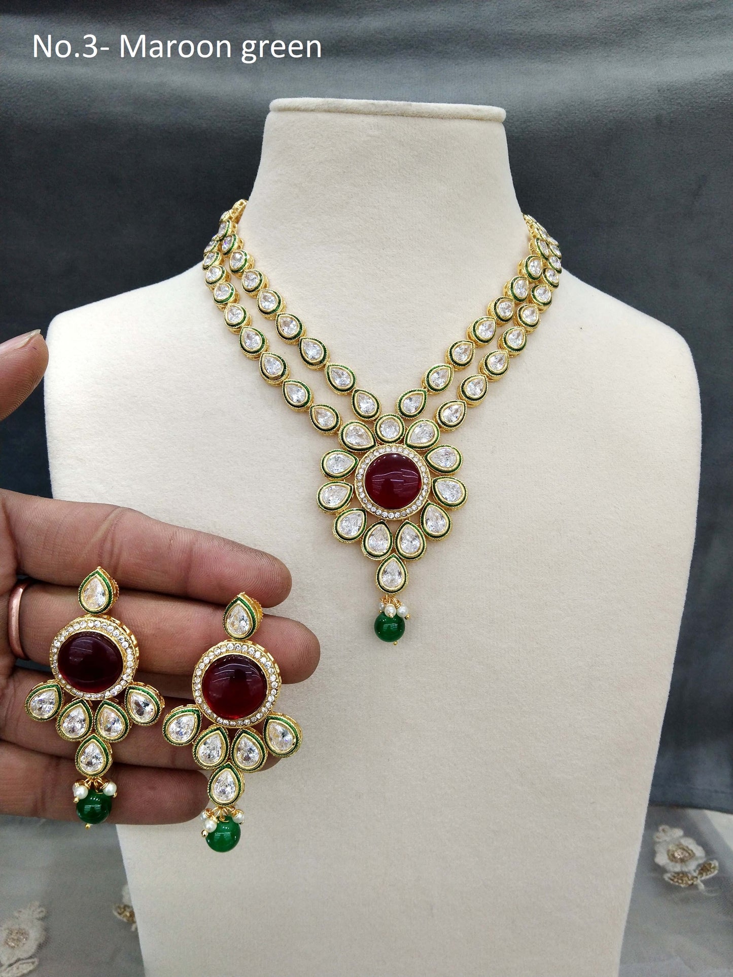 Indian Jewellery/Bridal Gold Kundan maroon green necklace Set Jewellery swaziland