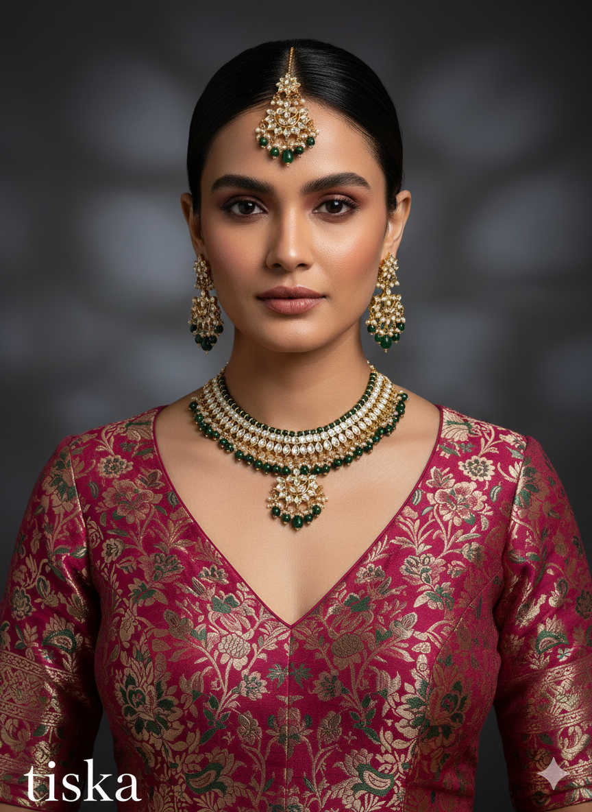 Green Kundan Jewellery Choker Necklace Set/ Tiska Kundan Online Set