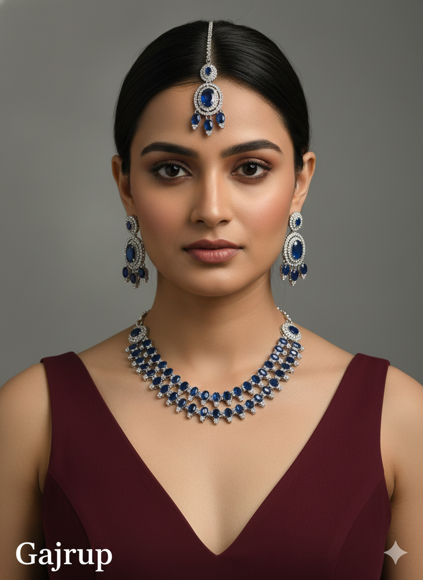 Blue Silver CZ Necklace Indian Jewellery Gajrup Set