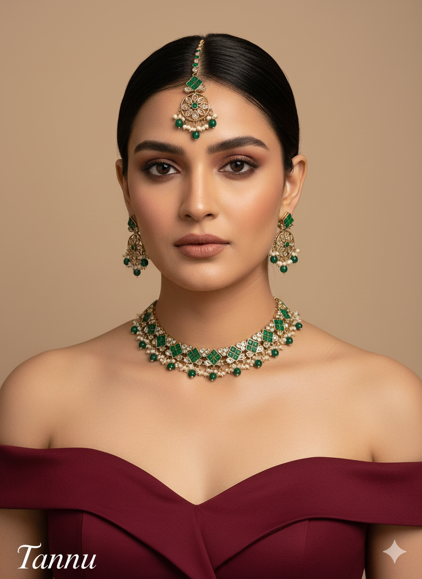 Indian Jewellery Antique Gold necklace Tikka Set/Gold tannu Bollywood Set