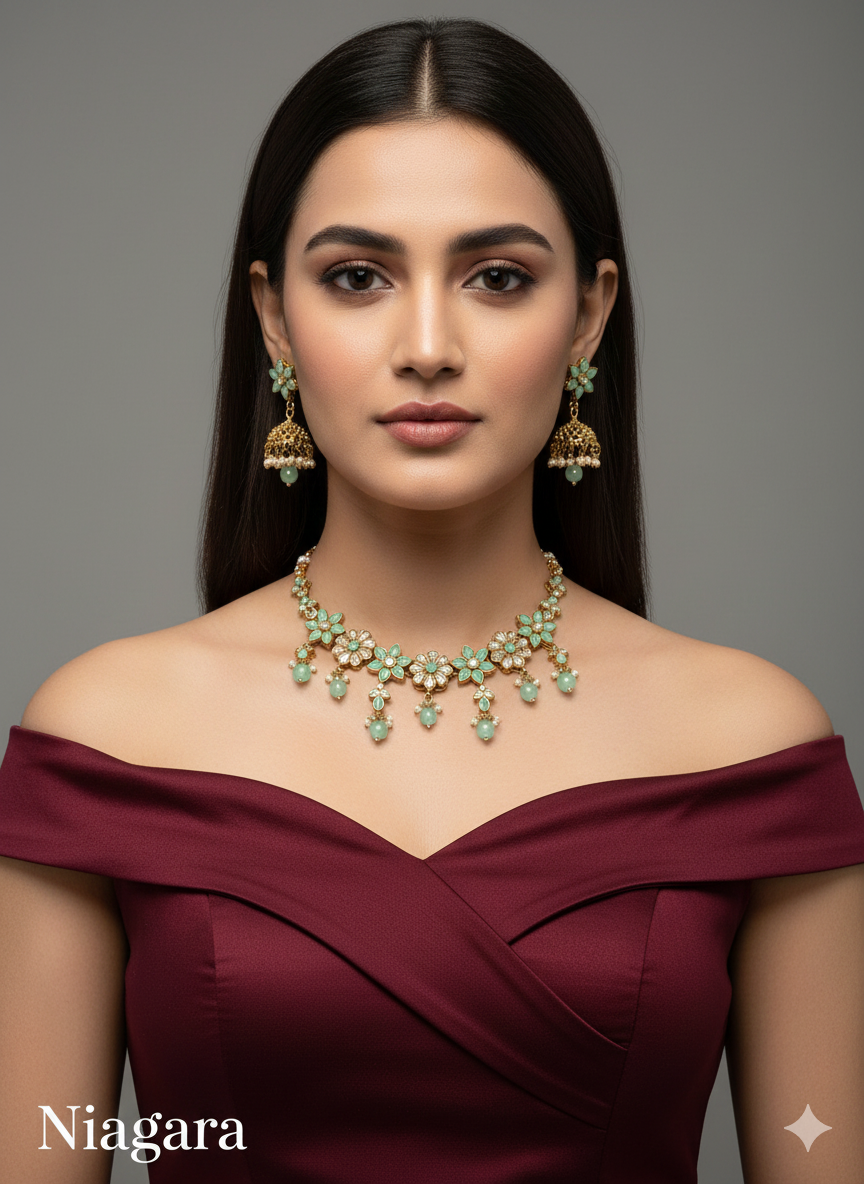 Indian Jewellery Antique gold pink, dark gold, mint, green choker Tikka Set/Gold Bollywood niagara Set/Indian ethnic choker set