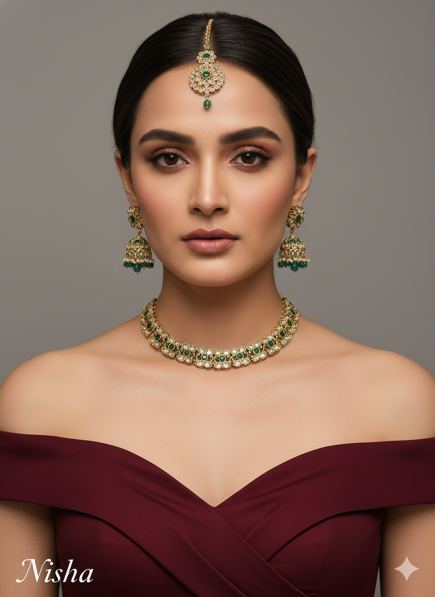 Antique Gold Green Indian Bridal Jewellery Necklace Nisha Set