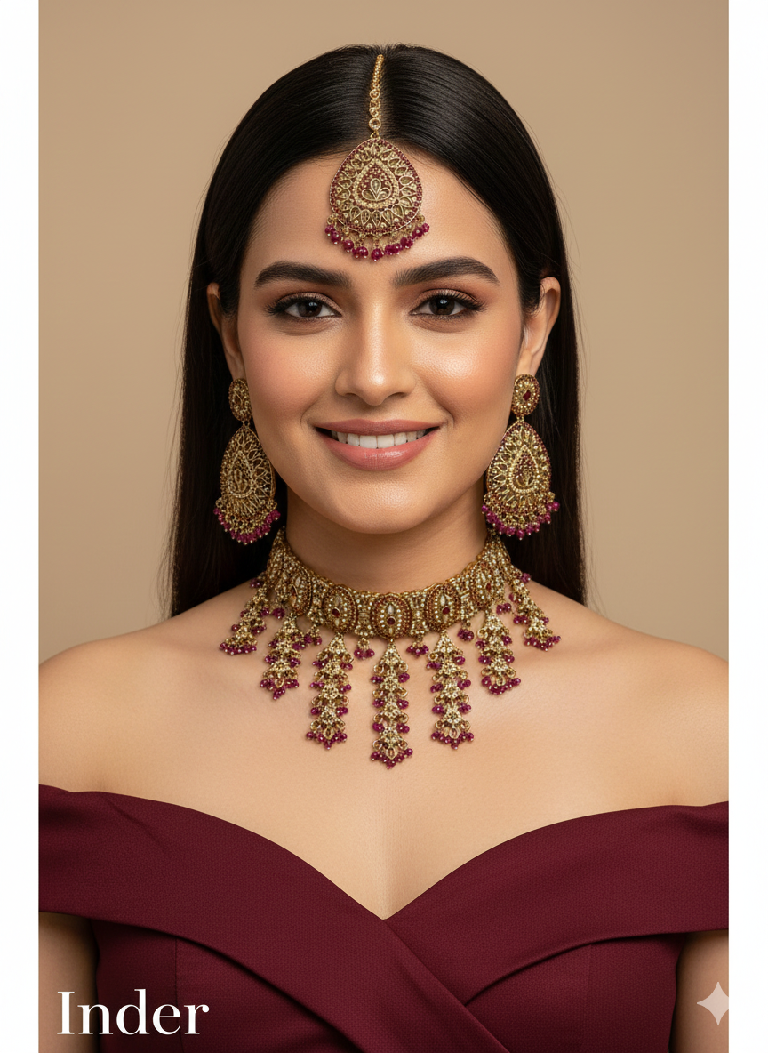 Blue Antique Gold Choker Indian Jewellery Inder Set