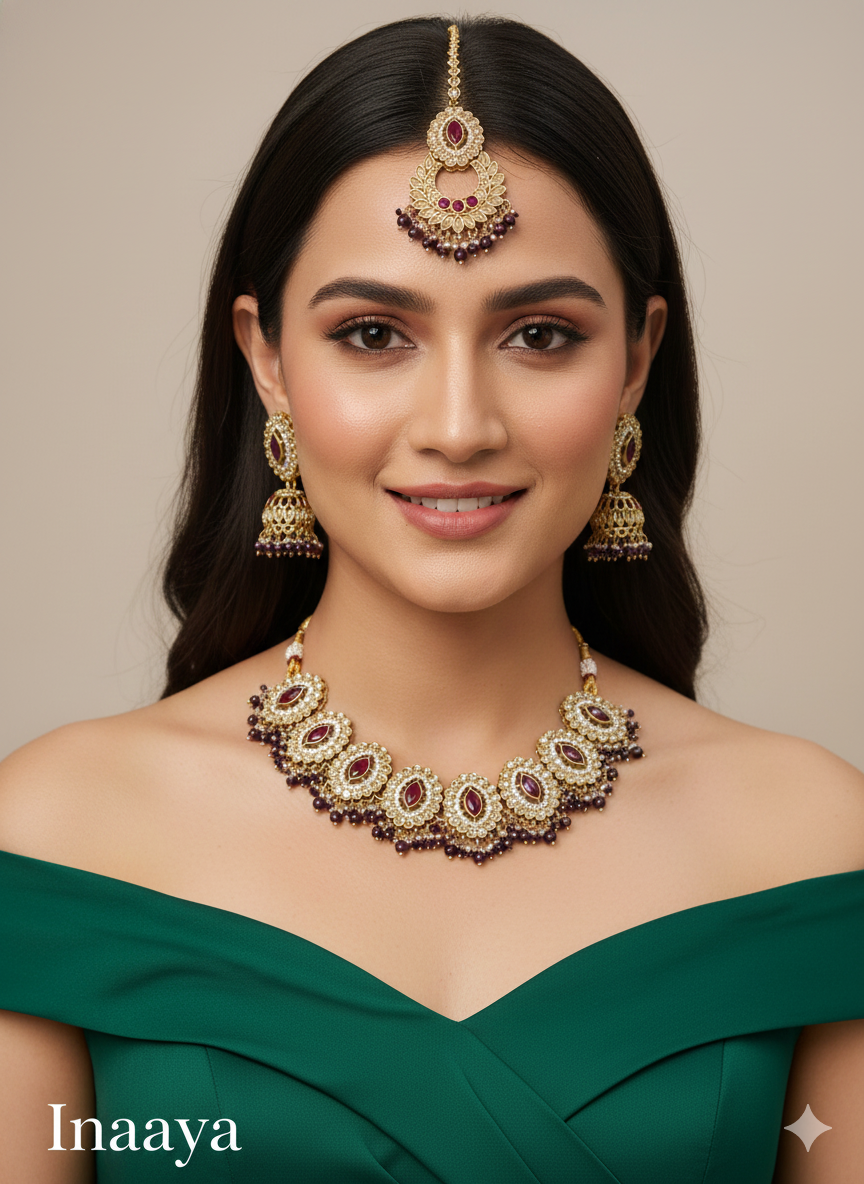 Antique Gold Green Necklace Set/ Dark Gold Indian Bridal Inaaya Jewellery Online