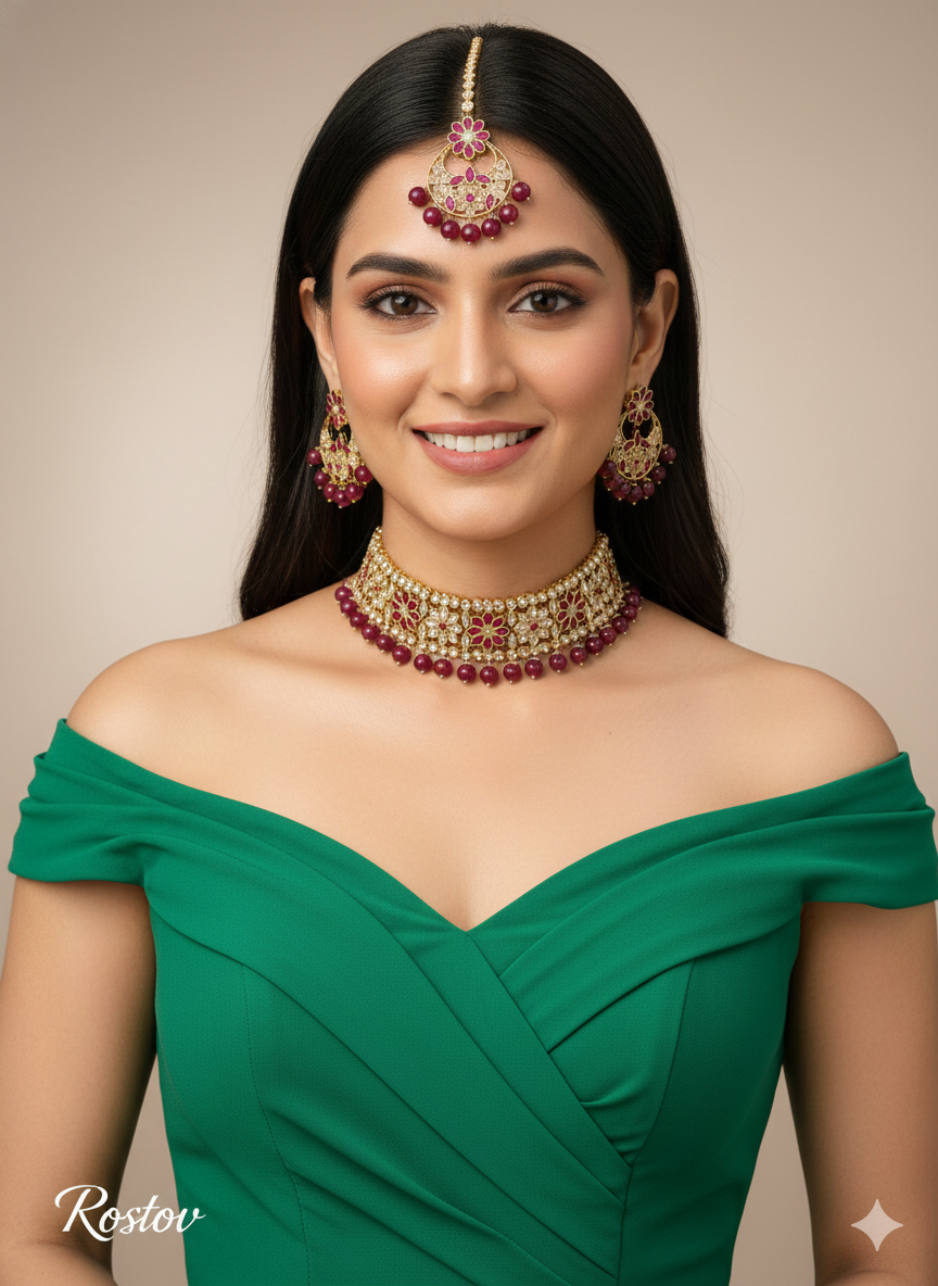 Choker Set/ dark gold maroon choker Indian Bridesmaid rostov Jewellery