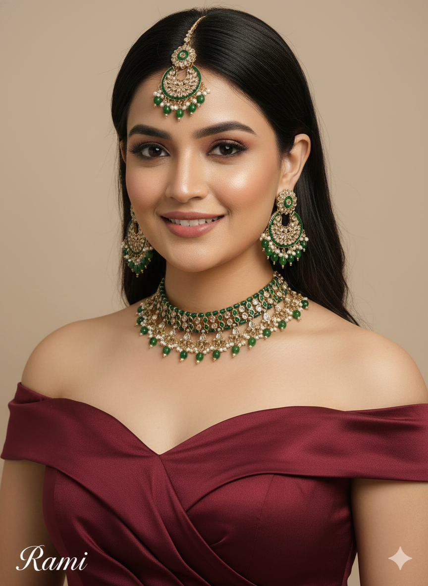 Green Antique Gold Choker Indian Jewellery Rami Set