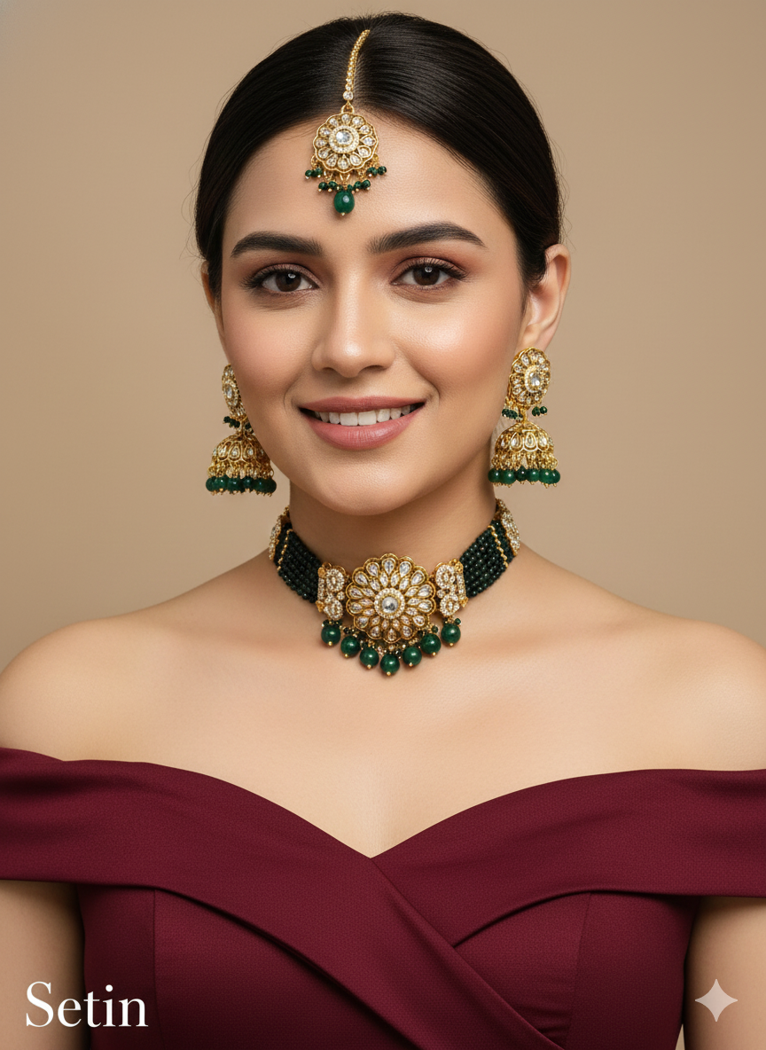 Choker Set Indian Jewellery Gold Green Kundan choker Set/ kundan choker Setin Set