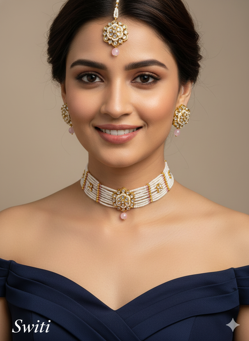 White Indian Jewellery Kundan choker Switi Set