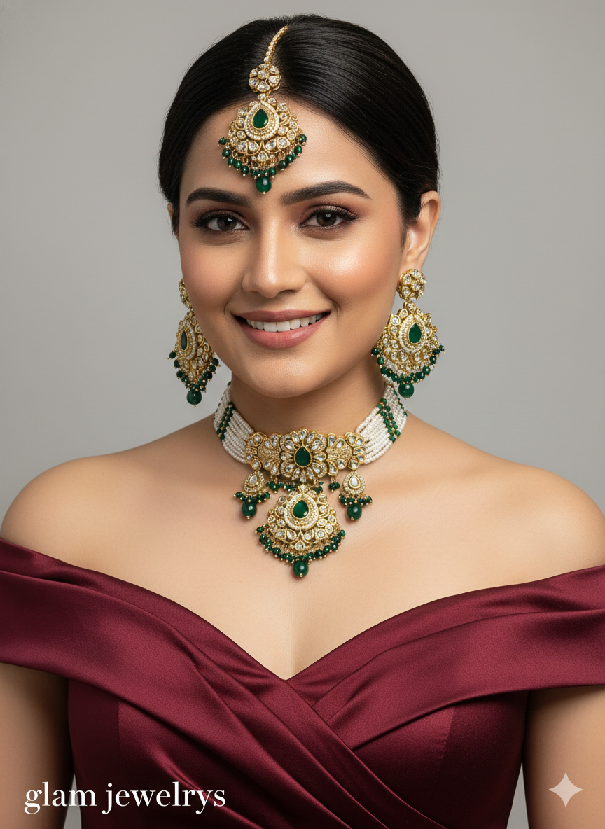 Green Kundan Choker Indian Jewellery Vanca Set
