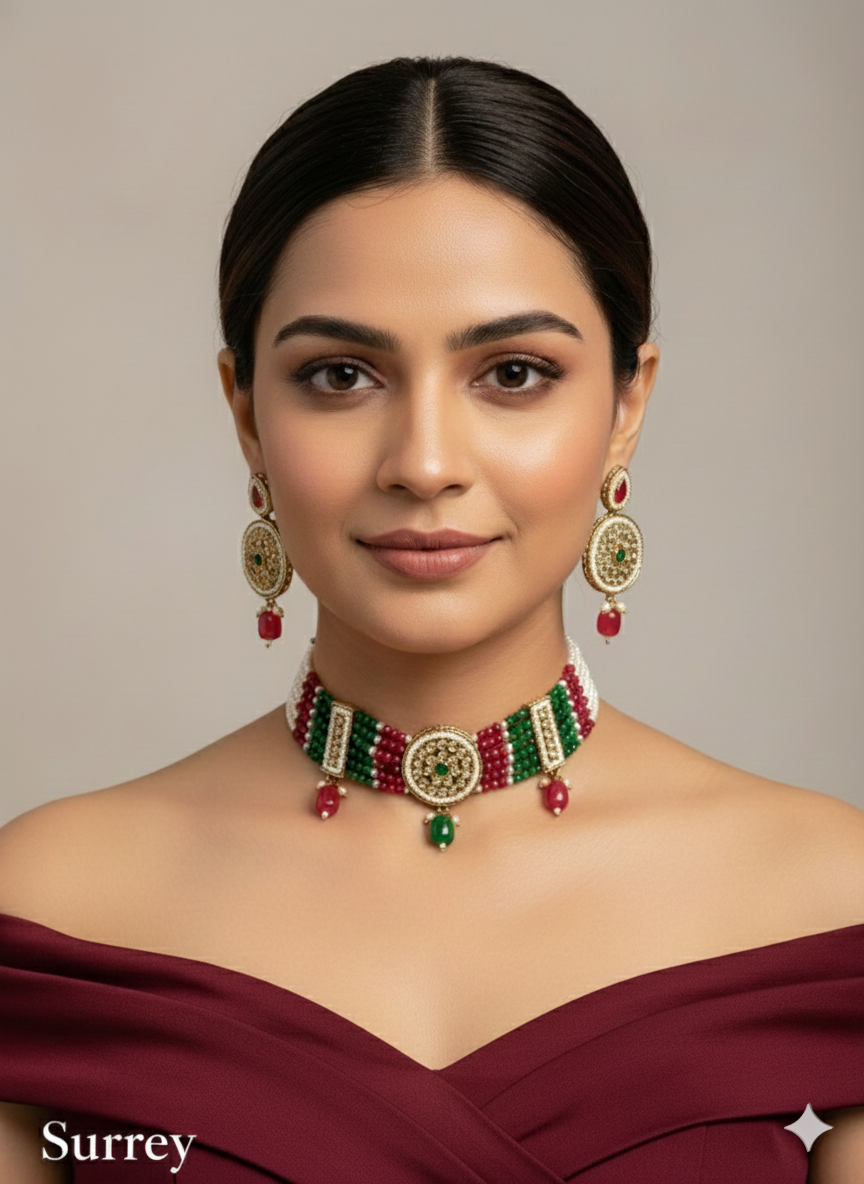 Indian jewellery Choker Set Necklace/dark gold , peach, sku blue. ruby, green choker Jewellery set /Surrey Indian choker set