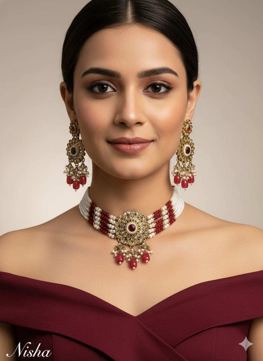 Indian jewellery Choker Set Necklace/dark gold ruby, pink choker Jewellery set /Surrey Indian choker set/Indian choker set