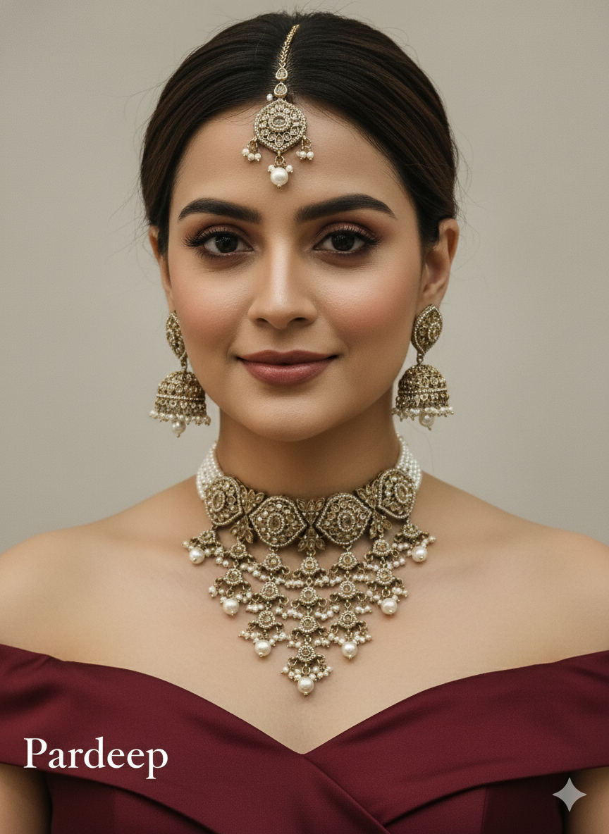 White Antique Gold Choker Indian Jewellery Pardeep Set