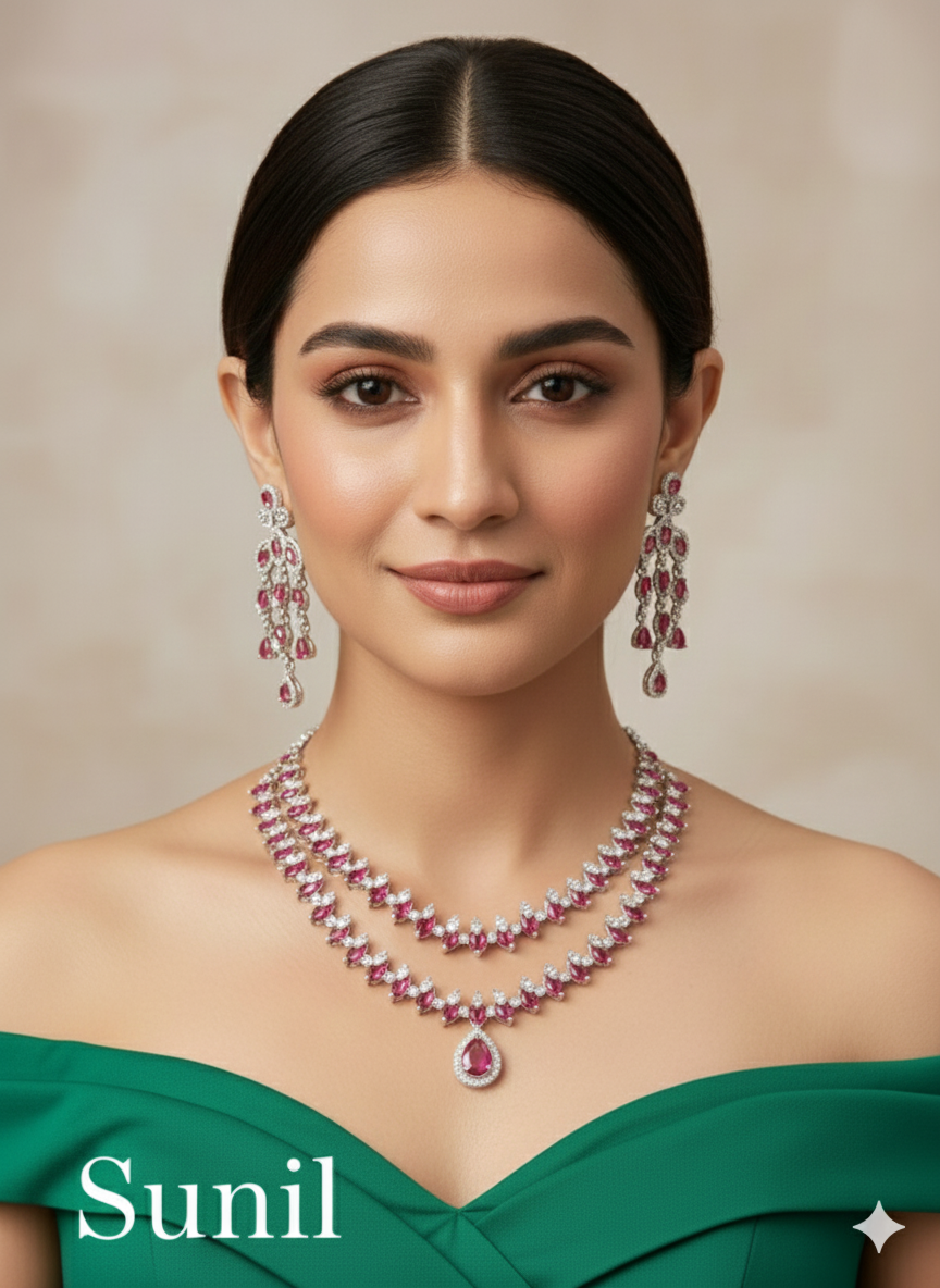 Ruby Silver CZ Necklace Indian Jewellery Sunil Set