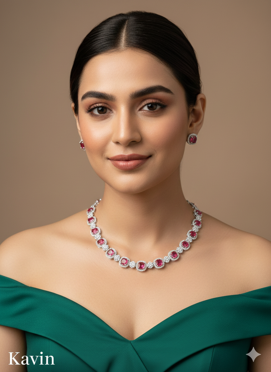 White Silver CZ Necklace Indian Jewellery Kavin Set