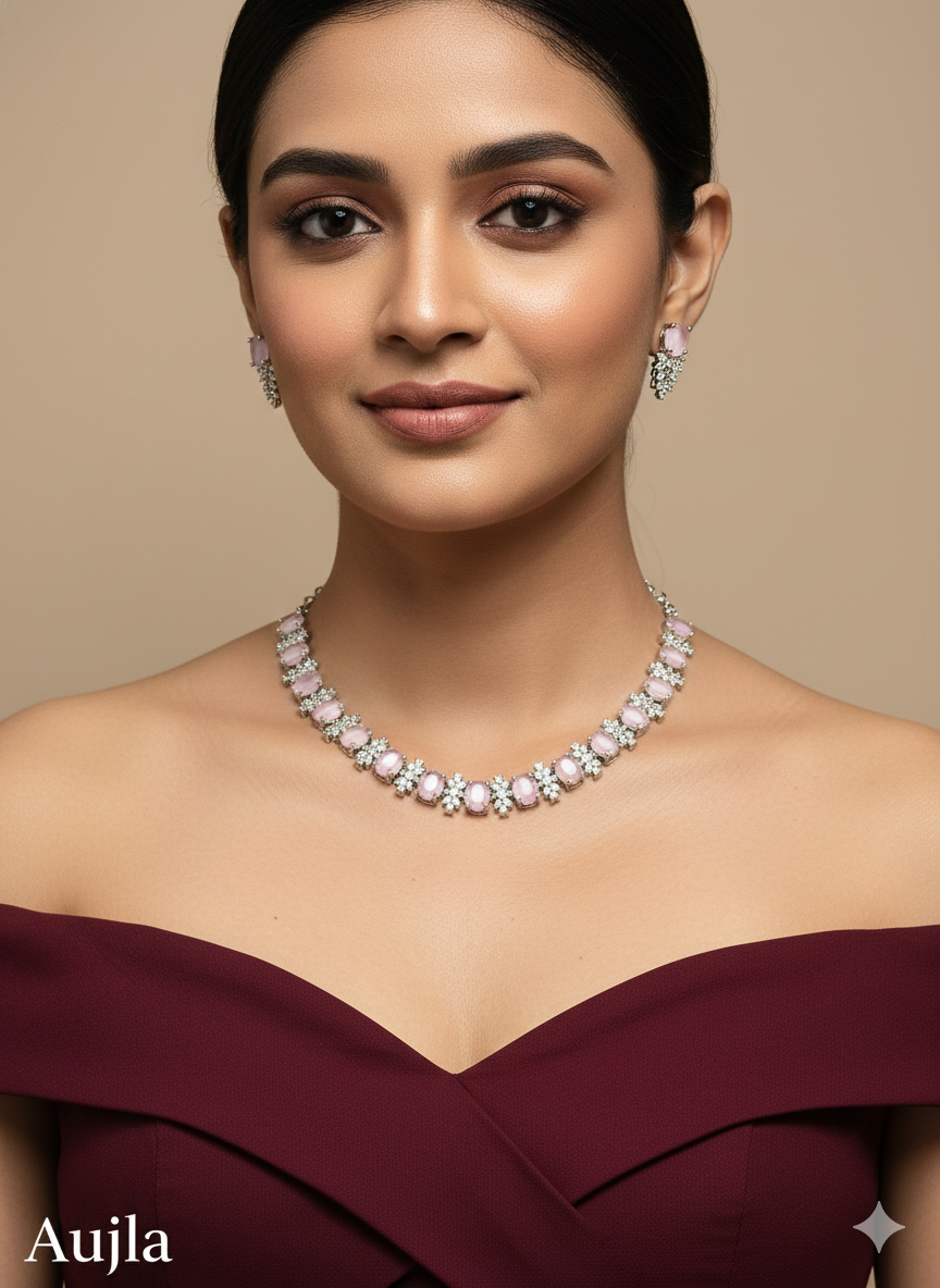 Silver Multi Colour American Diamond CZ Necklace Aujla Set