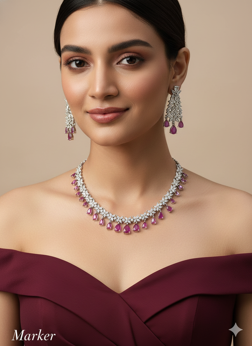 Ruby Silver CZ Necklace Indian Jewellery Marker Set