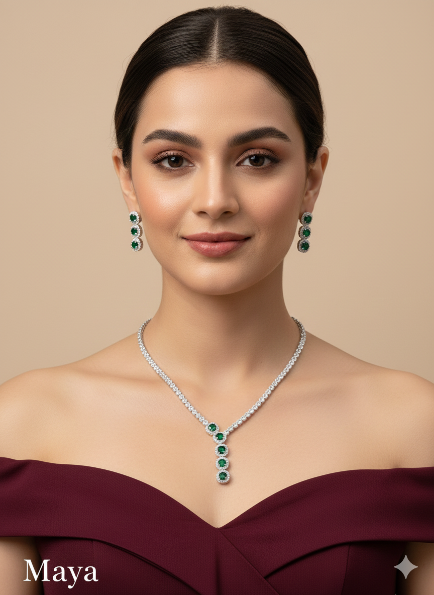 Silver Ruby American Diamond AD Maya Necklace Set /Indian Necklace Set
