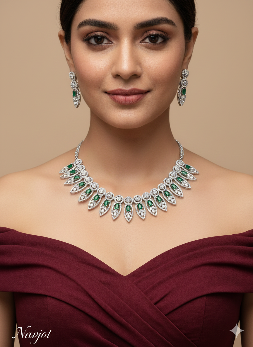 Silver Green American Diamond AD Navjot Necklace Set /Indian Necklace Set