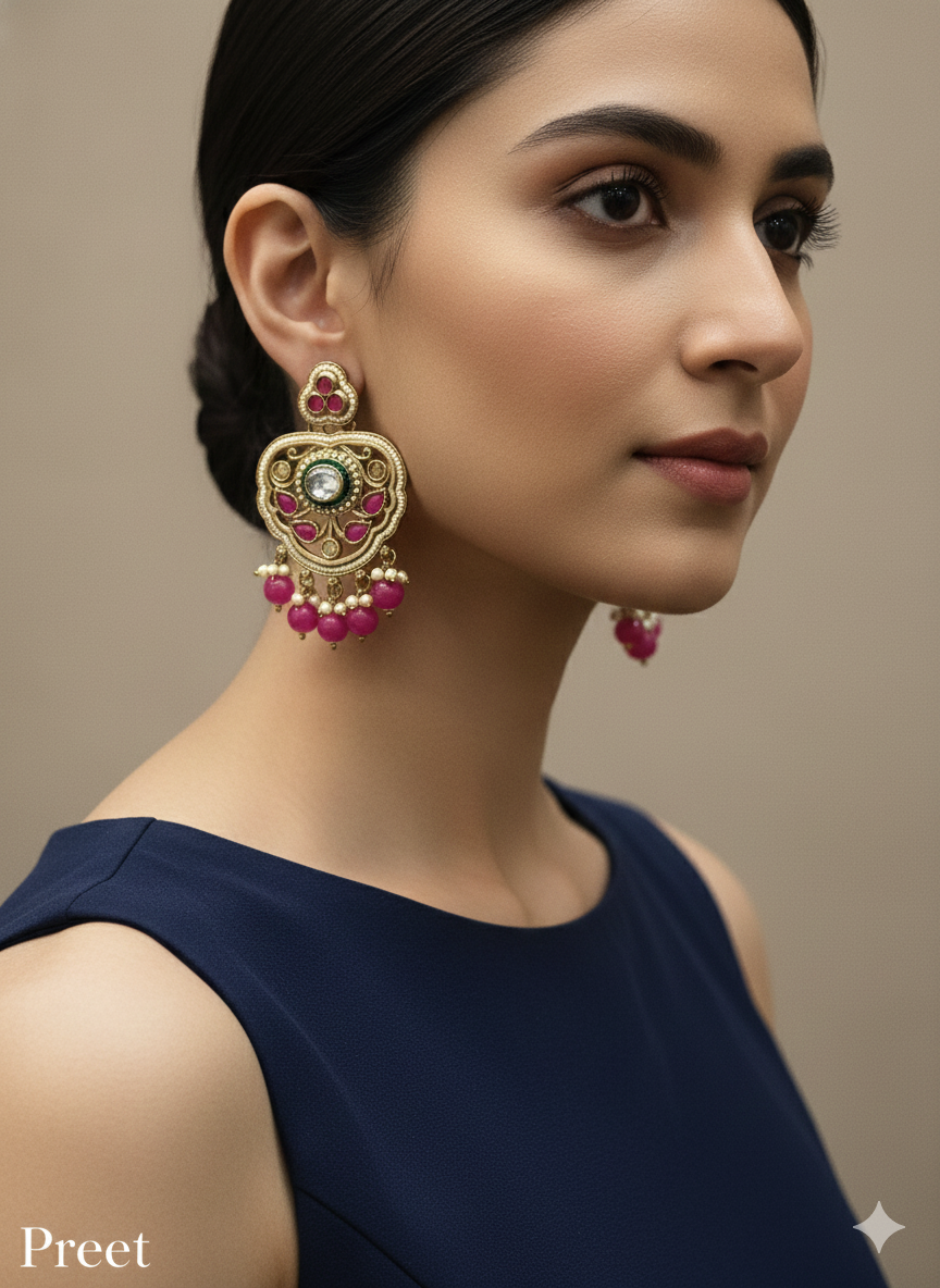 Dark Pink Antique Gold Bollywood Preet Indian Earrings