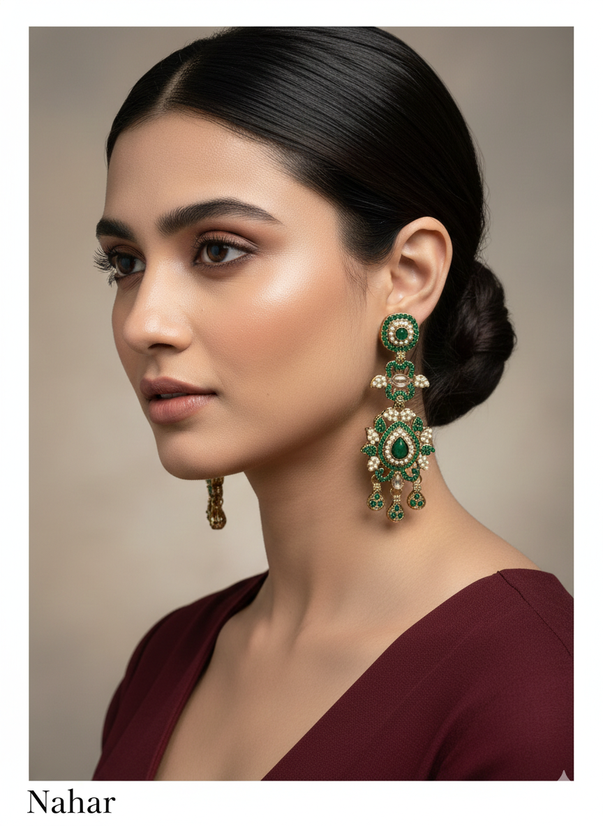 Green Antique Gold Bollywood Indian Earrings Nahar Set
