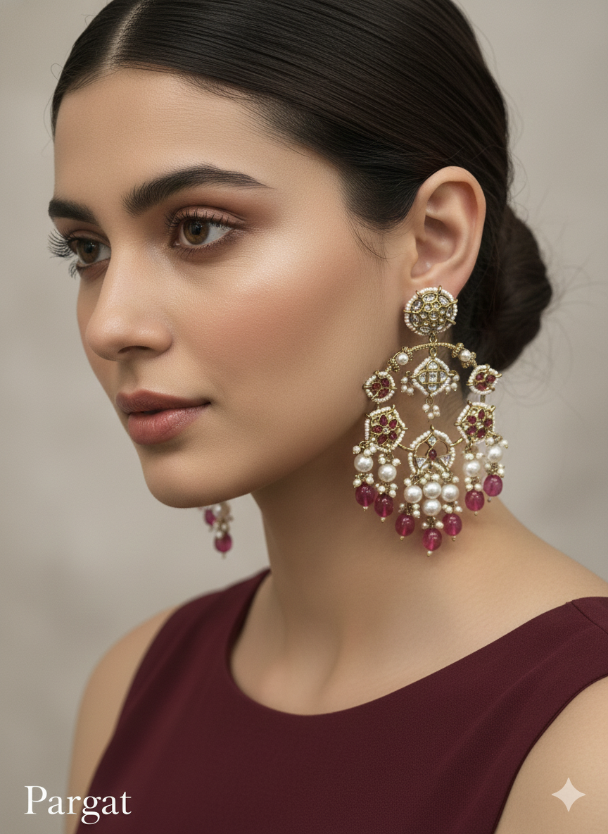 Maroon Kundan Bollywood Indian Pargat Earrings