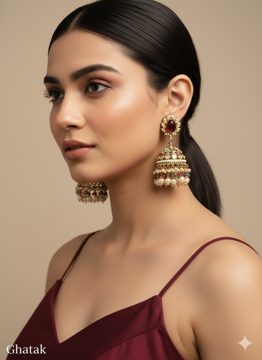 Antique Gold Jhumki Bollywood Ghatak Indian Earrings