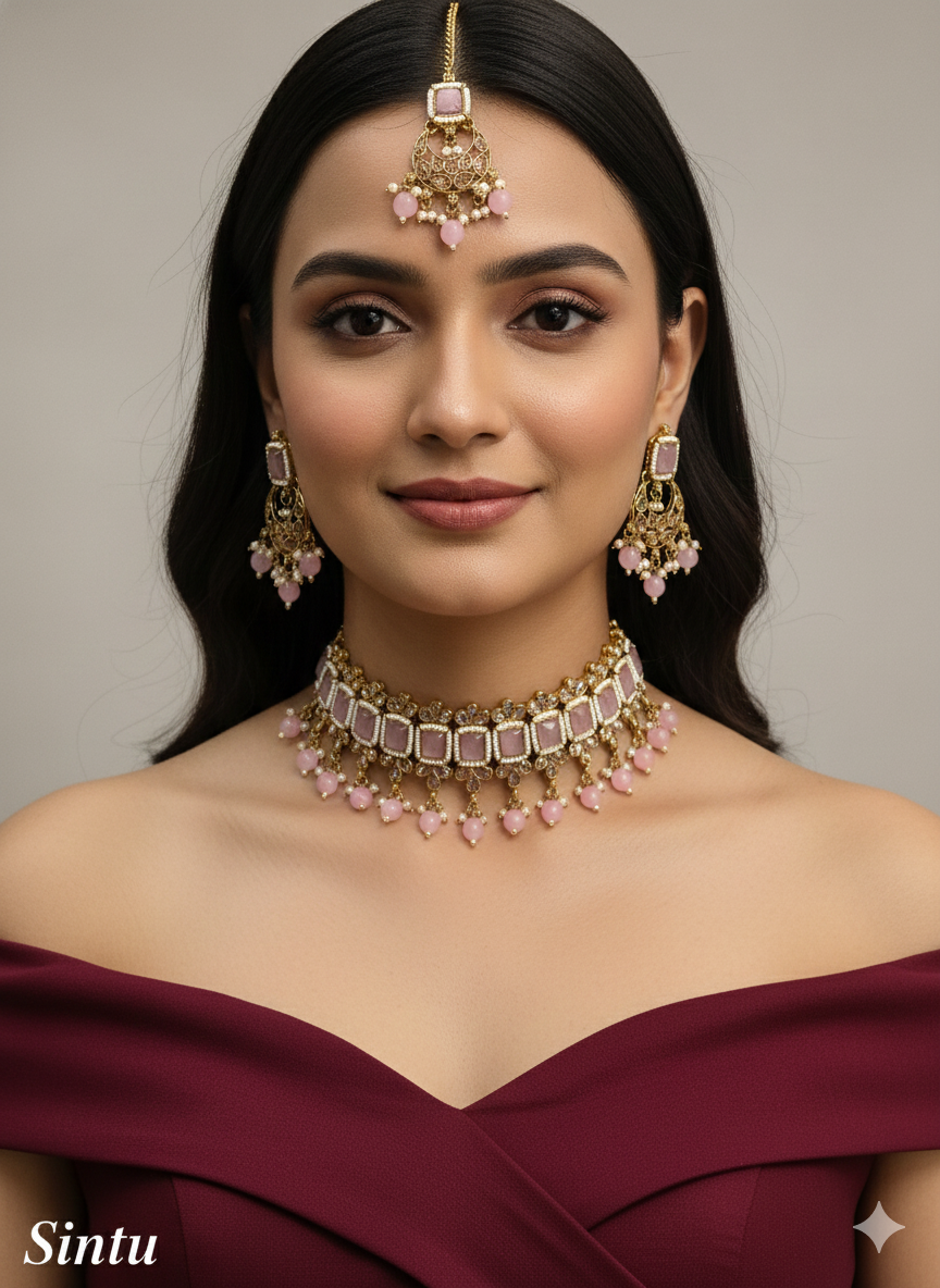 Antique Gold Choker Set/ dark gold maroon choker Indian sintu Jewellery
