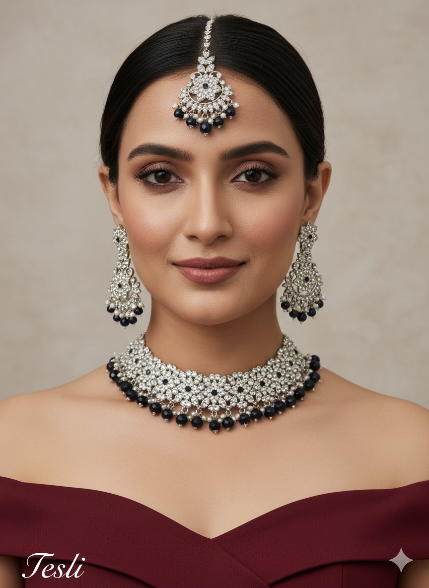 Choker Set Silver Black choker Set/ Bollywood Jewellery/Indian choker tesli necklace