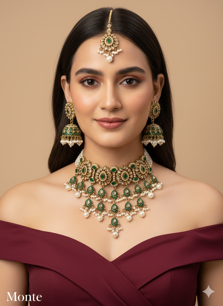 Multi Color Antique Gold Choker Indian Jewellery Monte Set