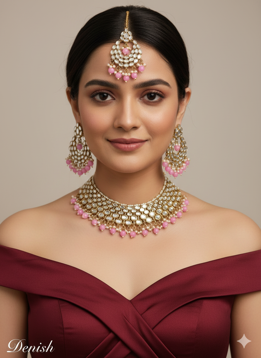 Indian Jewellery Gold mirror Kundan peach Necklace Set/ Bridal Wedding Jewellery denish Set