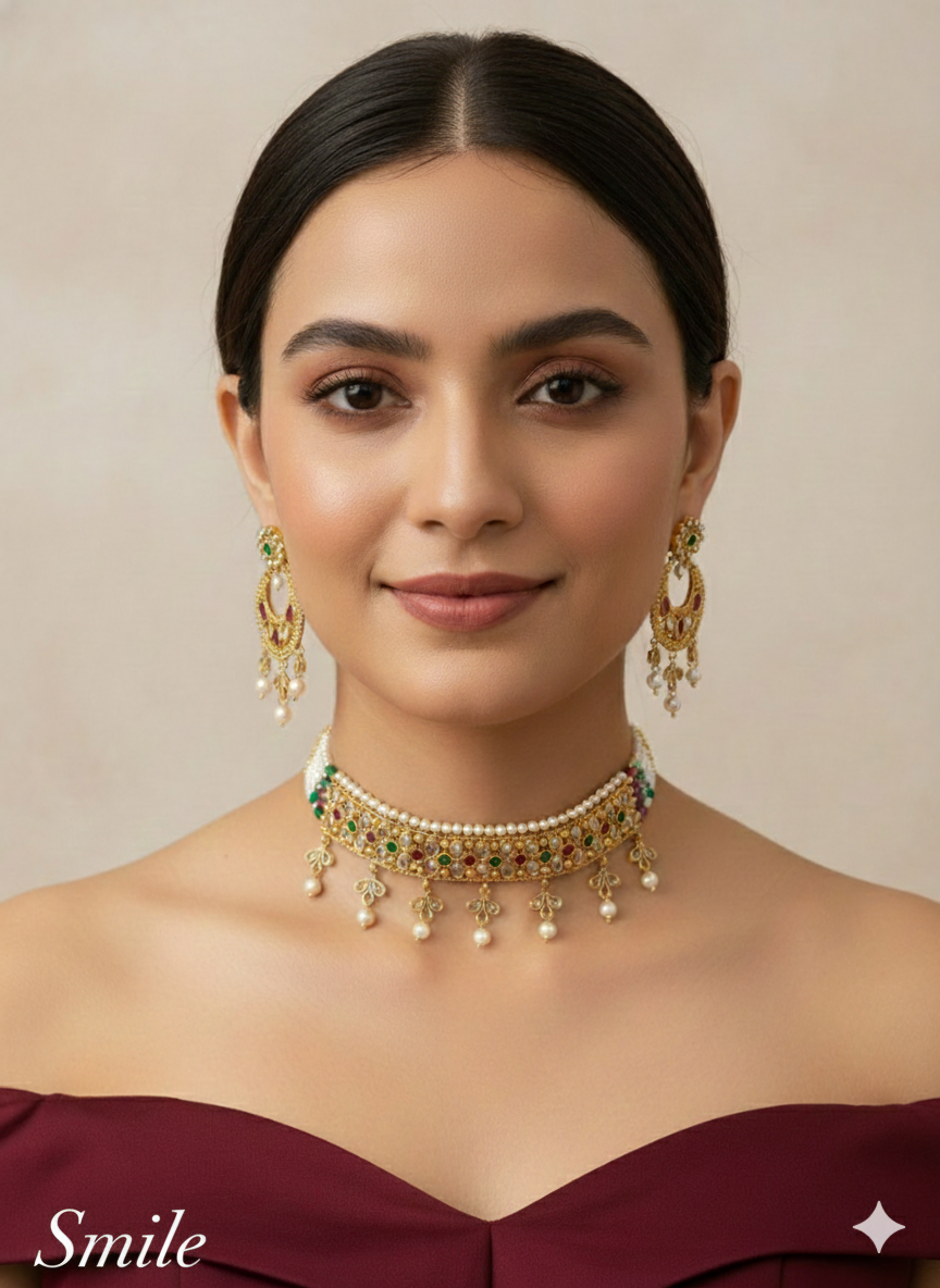 Ruby Green Gold Polki Choker Indian Jewellery Smile Set