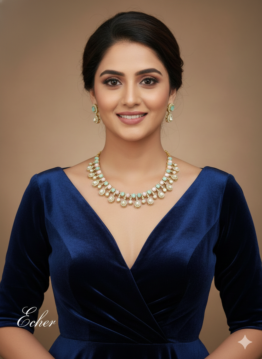 Mint Pink Gold Moissanite Kundan Necklace Indian Jewellery Echer Set