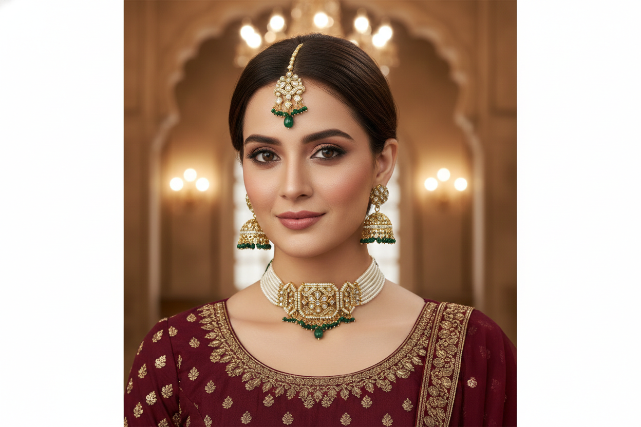 Indian Jewellery Green Kundan choker Jai Sets