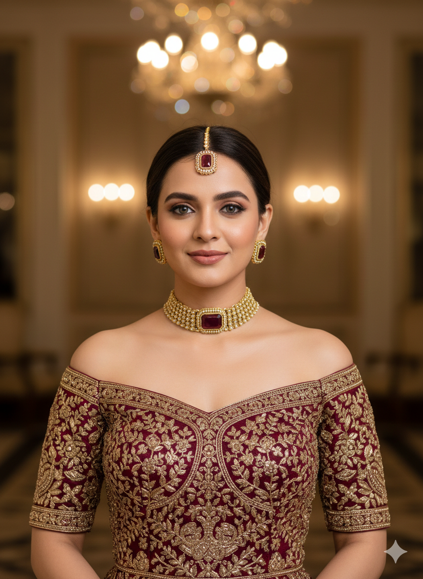 Indian Jewellery Maroon Kundan choker Gunjan Sets