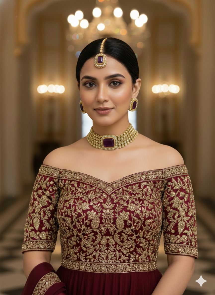 Indian Jewellery Purple Kundan choker Gunjan Sets