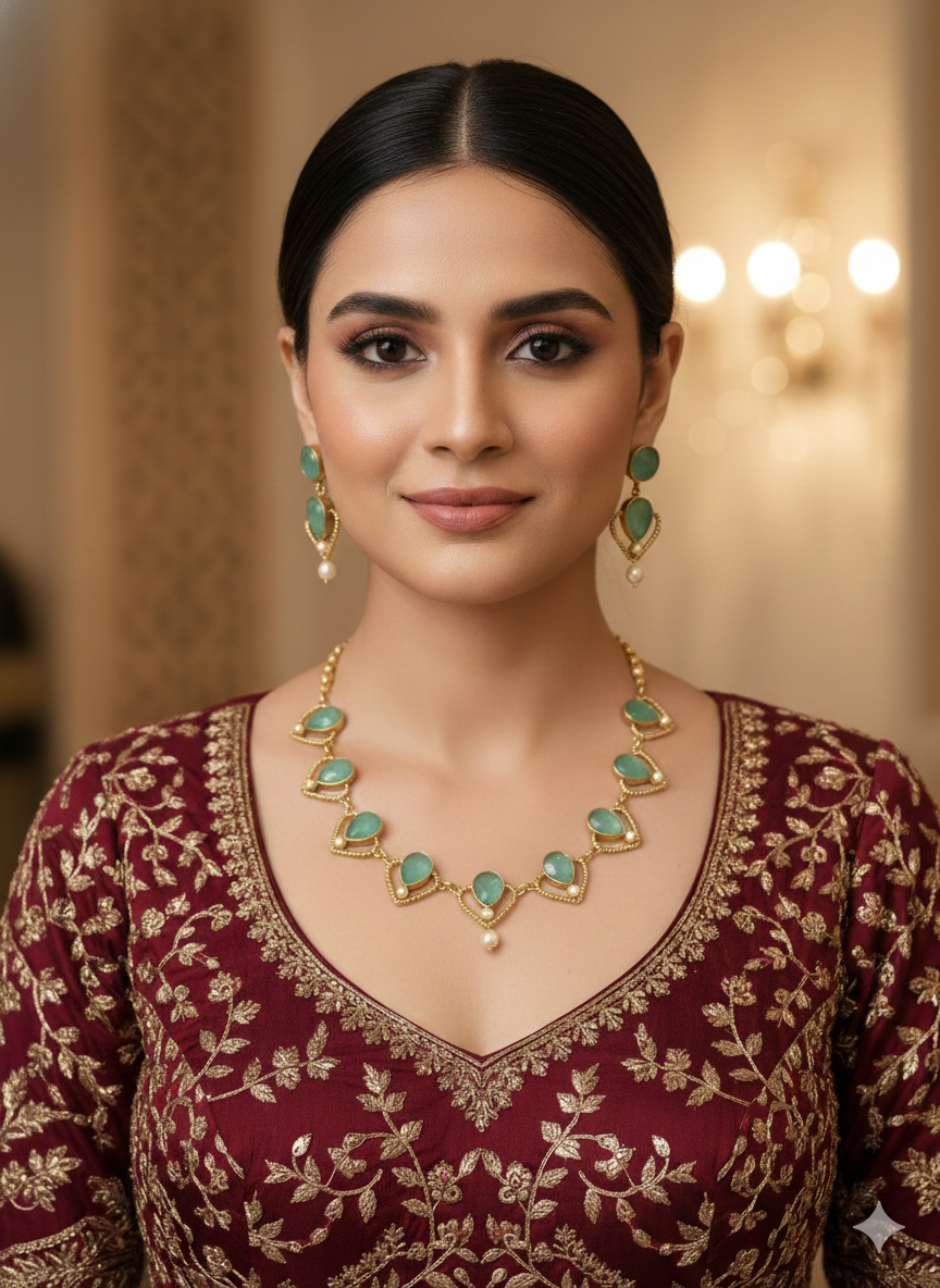 Green Victorian Necklace Indian Jewellery Escourt Set