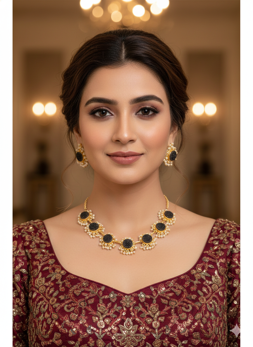 Gold Black western style uncut stone Necklace Set /Indian Necklace Set/ Indian sumu Jewellery