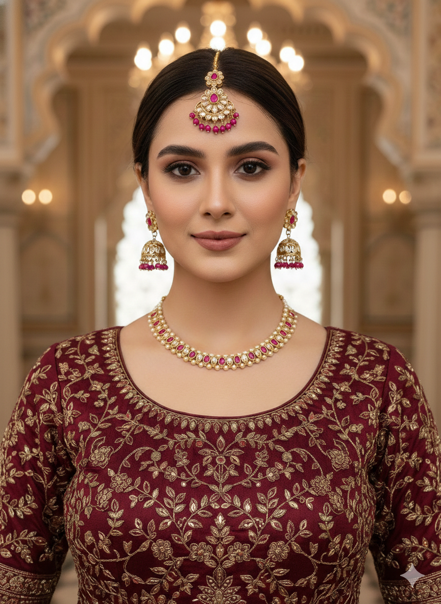 Antique Gold Majenta Necklace Set/ Antique gold Indian Bridal Jagjeet Jewellery