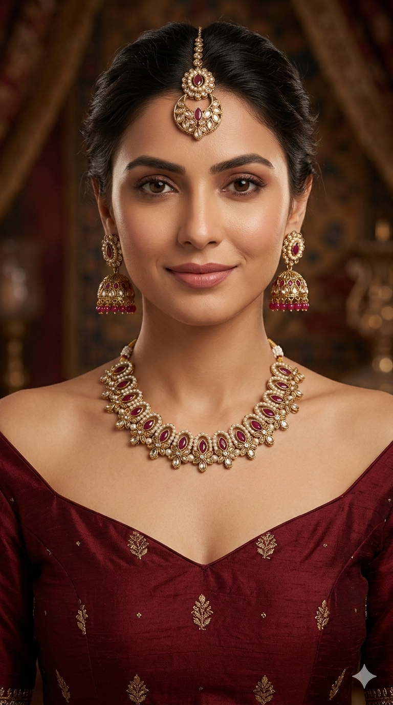 Antique Gold Maroon Necklace Set/ Antique gold Indian Bridal Risha Jewellery