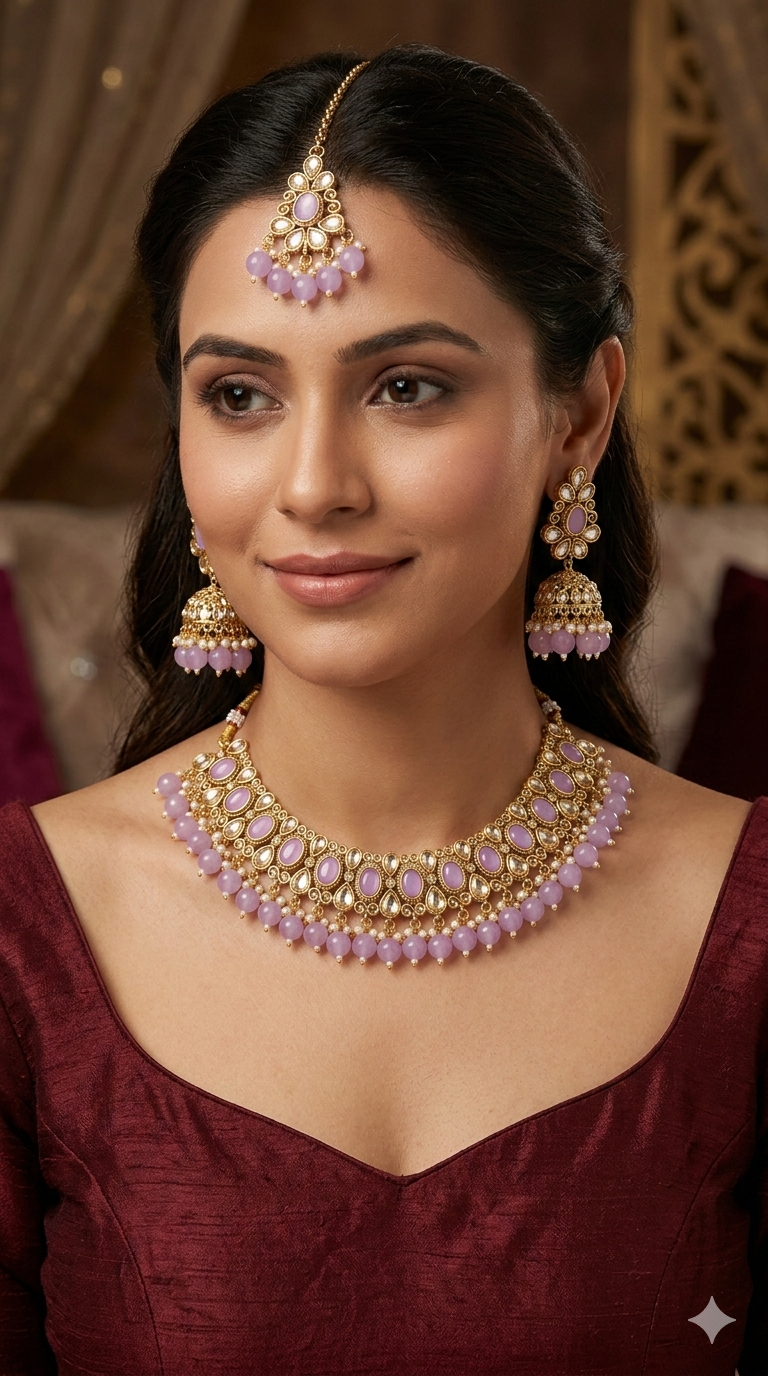 Antique Gold Lavender Necklace Set/ Antique gold rani Indian Bridal Kitty Jewellery