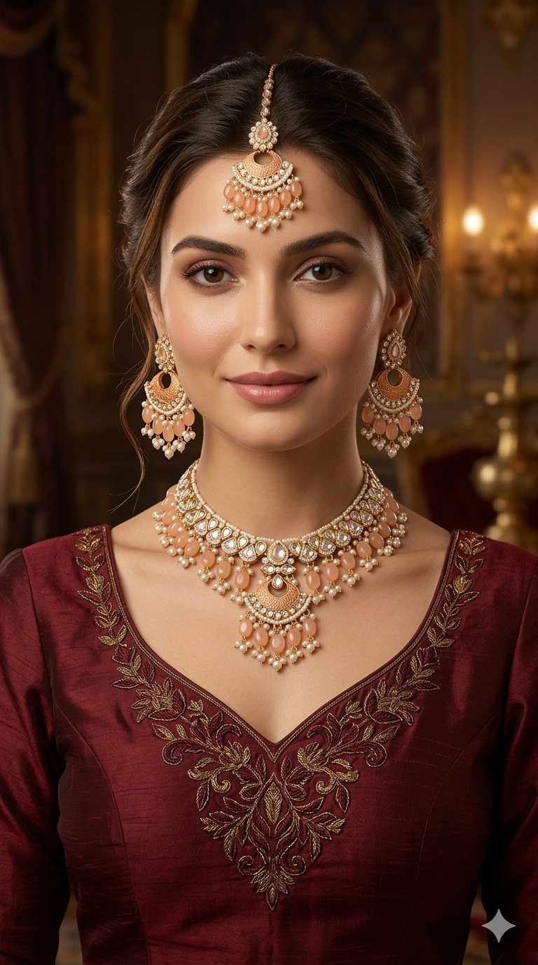 Indian Jewellery Rose gold Kundan peach necklace most set