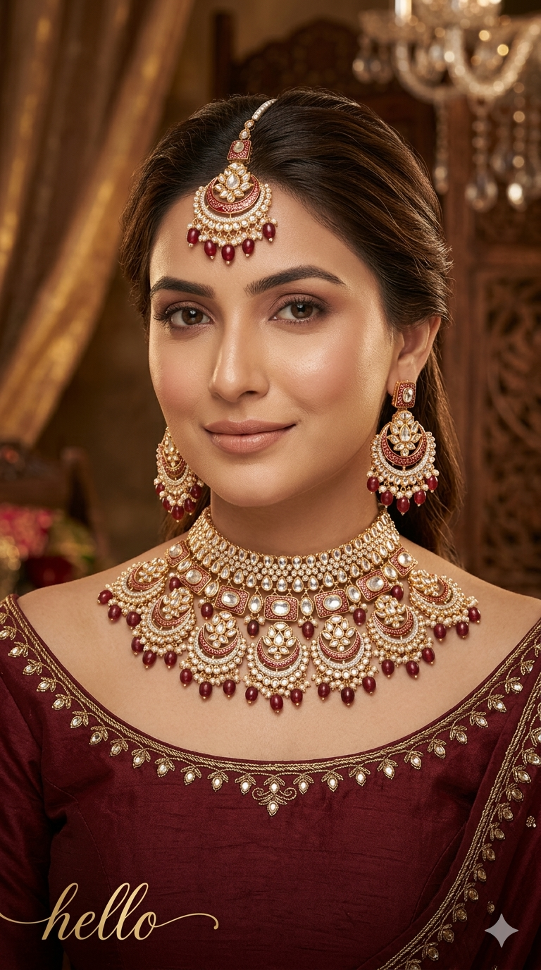Bridal Maroon Kundan Necklace Jewellery Set/ Indian Maroon Hello Necklace Set