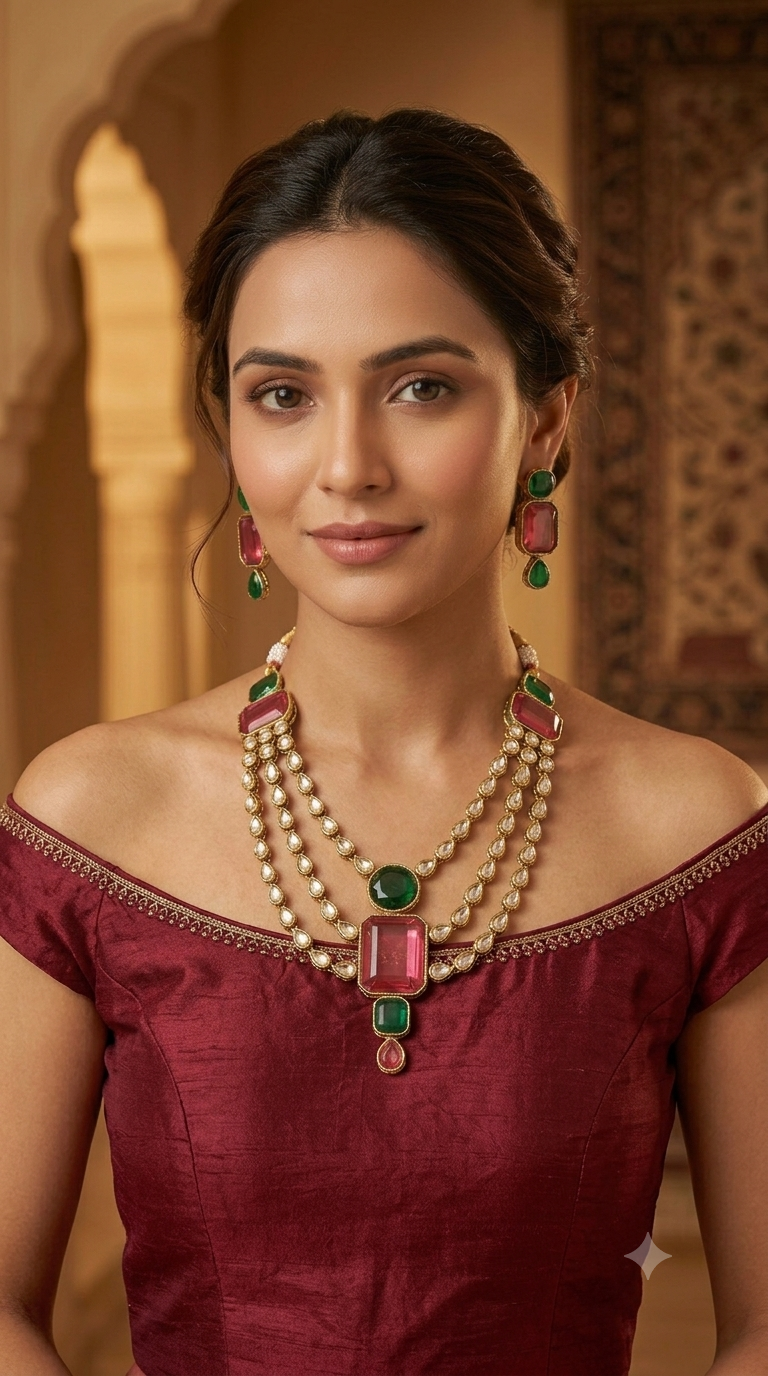 Antique Gold Ruby Green Necklace Set/ Antique gold Indian Raman Jewellery
