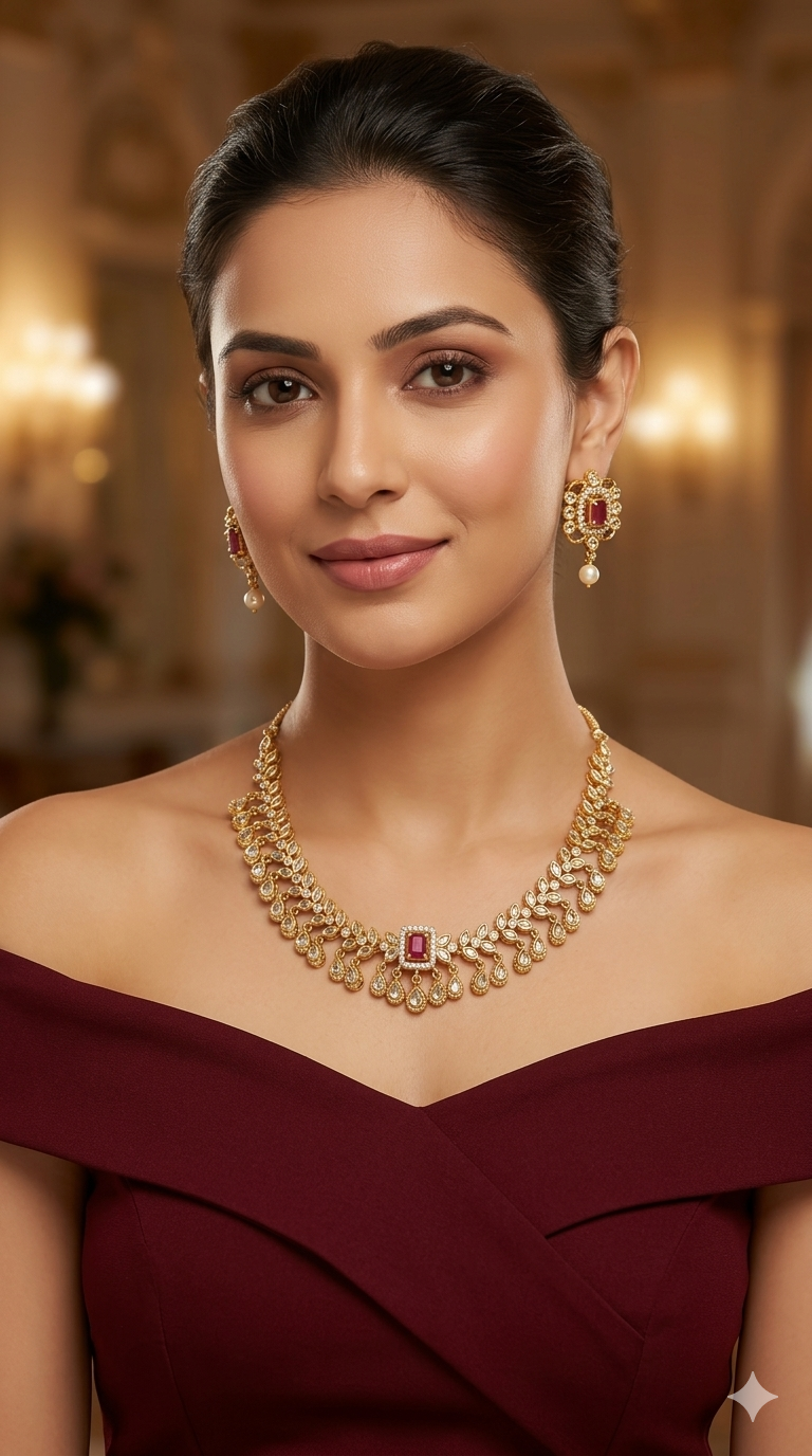 Gold Change Able Stone CZ Necklace indian Jewellery Maron Set