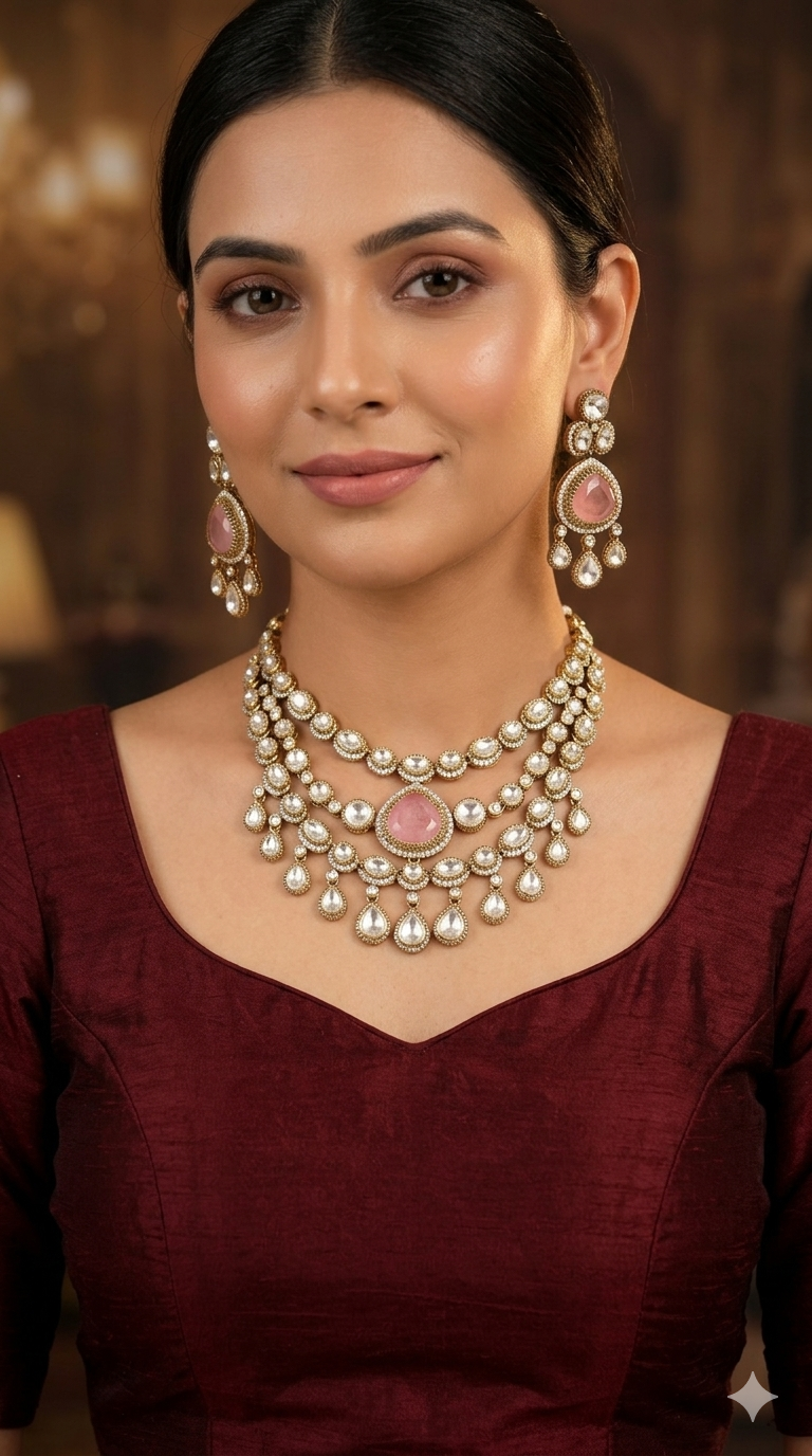 Antique Moissanite Pink kundan necklace Indian Jewellery Erin Wedding Sets