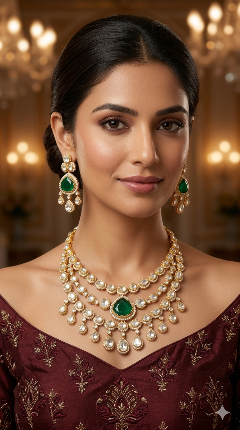 Gold Uncut Green kundan necklace Indian Jewellery Erin Wedding Sets