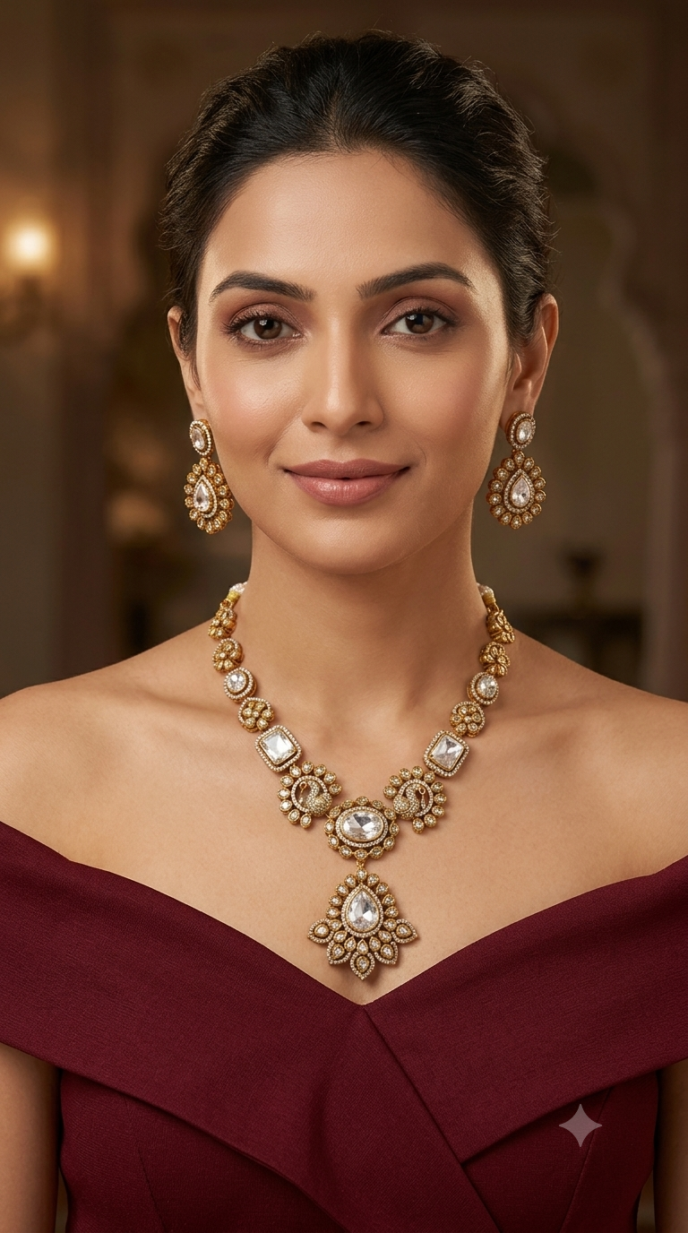 Antique Gold White CZ Necklace Indian Jewellery Usha Set