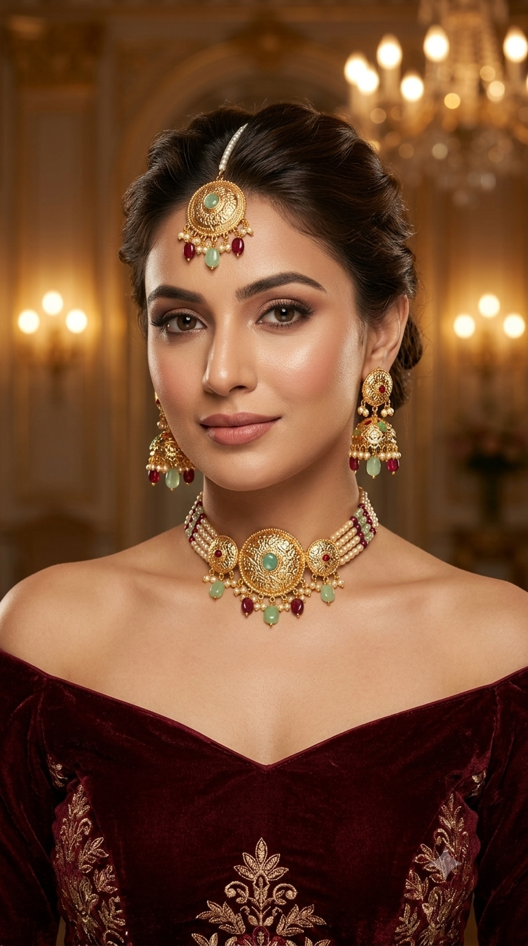 Pink Gold Jadau Punjabi Style Necklace Indian Jewellery Jack Set