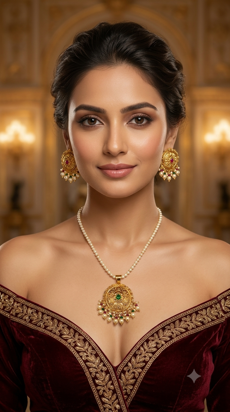 Gold Ruby Sage Green Jadau Punjabi Style Pendant Mehak Necklace Set